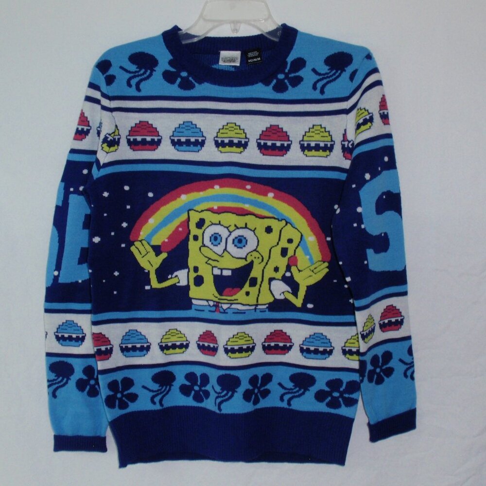Spongebob Square Pants Nichelodeon Ugly Rainbow Sweater Sz M Blue Colorful